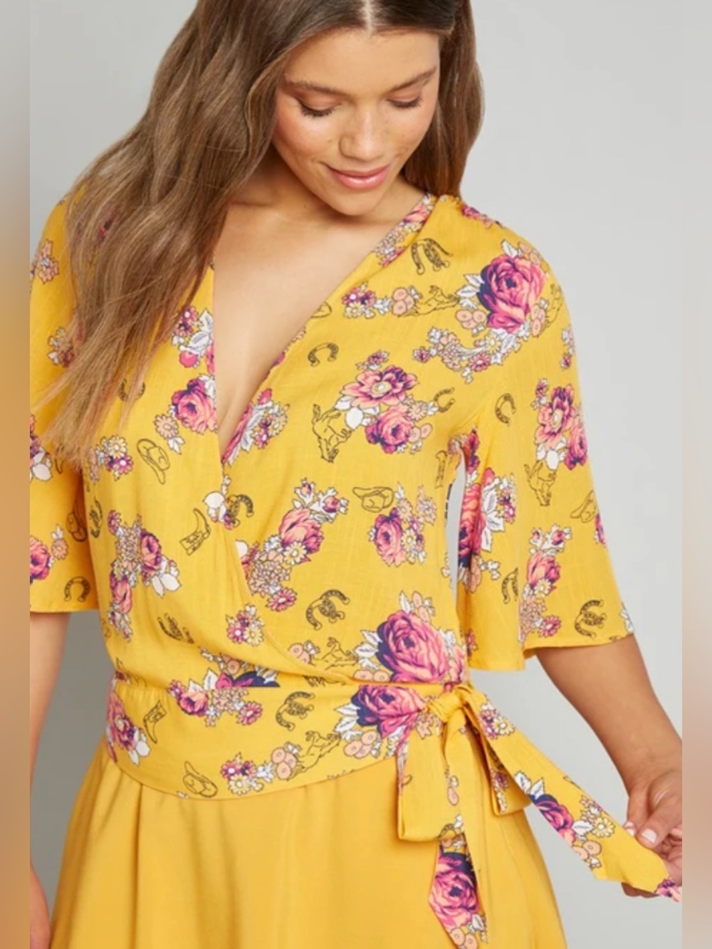 ModCloth blouse top floral v neck tie cottagecore summer beach vacation XL